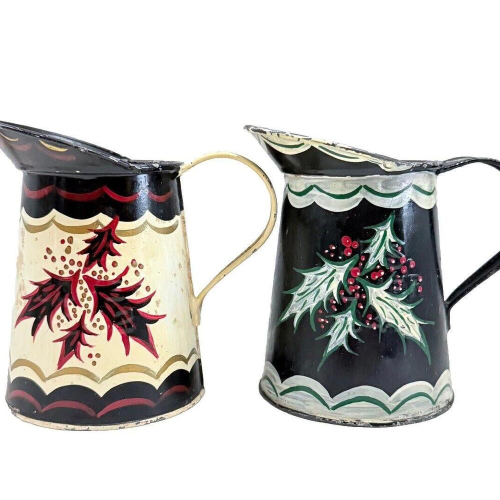 Vintage Hand Painted Toleware Holly Tin Pitcher 5" Set of 2 1980s